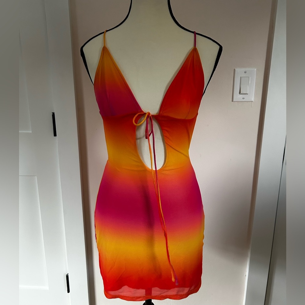 Vibrant Orange and Pink Mesh Cutout Dress